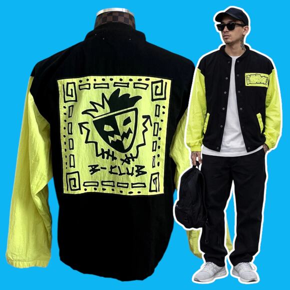 Vintage Other - Vtg B-Club Baseball Jacket S/M Black Neon Yellow Coat Snap Retro Streetwear